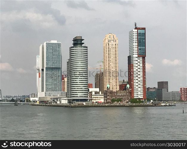The Rotterdam Skyline. The Rotterdam Skyline with the Erasmusbrug bridge, Netherlands.