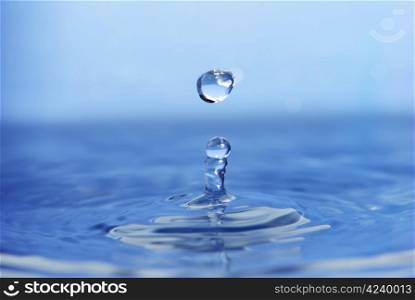 The round transparent drop of water falls downward