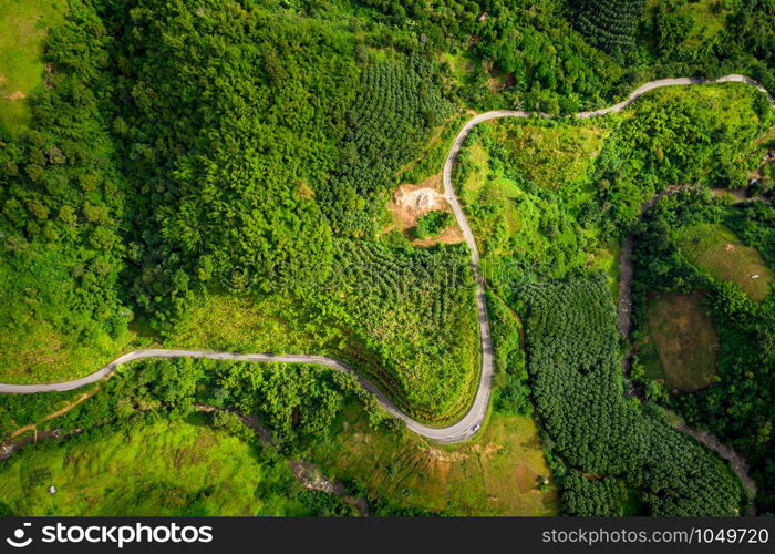 the route on the green mountain connecting the city at chiang rai Thailand aerial top view from drone