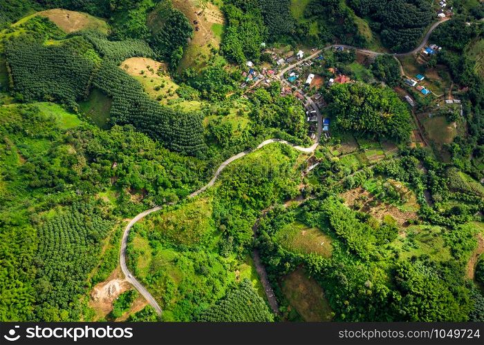 the route on the green mountain connecting the city at chiang rai Thailand aerial top view from drone