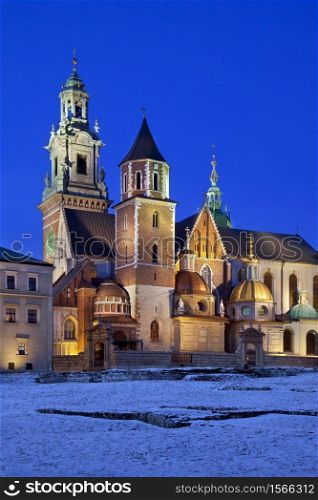 The Royal Cathedral on Wawel Hill within the grounds of Wawel Castle in Krakow, Poland. The cathedral features the Baroque style chapel of the Vasa family and the renaissance Zyguntowska Chapel. The dome is coved in pure gold provide by Queen Anna Jagiellonka in 1591.