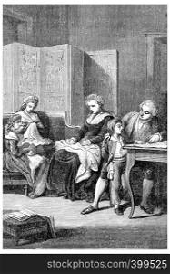 The royal family in the Temple, vintage engraved illustration.