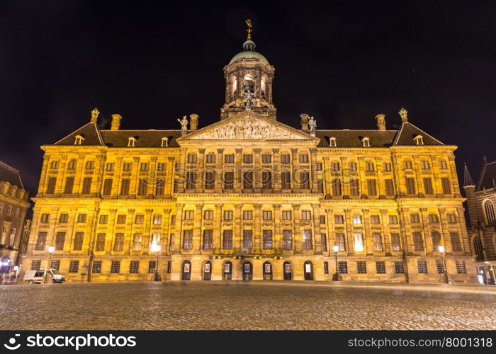 The Royal Palace in Amsterdam at night Netherlands