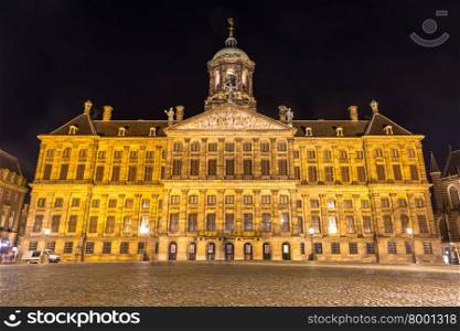 The Royal Palace in Amsterdam at night Netherlands