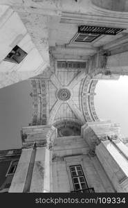 The Rua Augusta Arch is a marble triumphal historical monument and main attraction on Commerce Square (Praca do Comercio) in Lisbon, Portugal