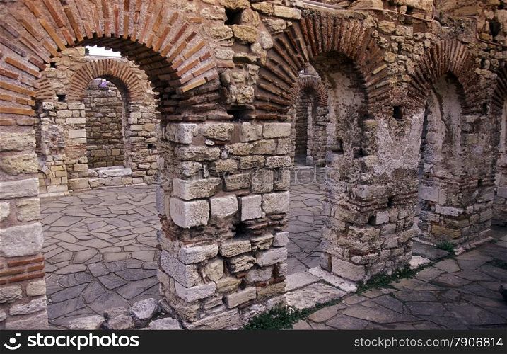 the ruin of the Basilica in the old town of Nesebar on the coast of the Black sea in Bulgaria in east Europe.. EUROPE BULGARIA BLACK SEA