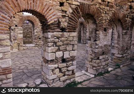 the ruin of the Basilica in the old town of Nesebar on the coast of the Black sea in Bulgaria in east Europe.. EUROPE BULGARIA BLACK SEA