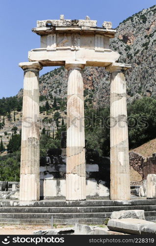 The ruins in Delphi, an archaeological site in Greece at the Mount Parnassus. Delphi is famous by the oracle at the sanctuary dedicated to Apollo. UNESCO World heritage