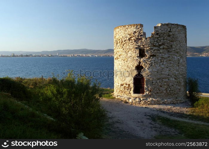 The ruins of an ancient tower in Nessebar, Bulgaria - late in the day as the sun started to set.