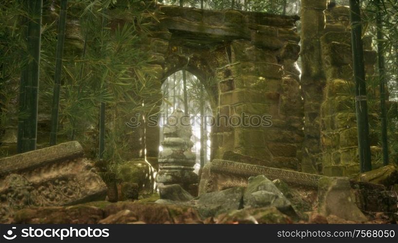 The Ruins of ancient buildings in green bamboo forest