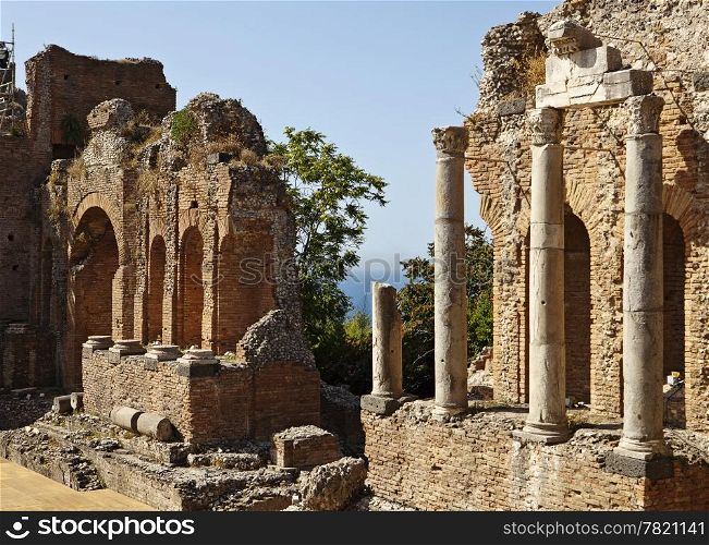 The ruins of the ancient Roman theatre, or Teatro Antico, in Taormina, Italy still stand and the main walls, or edificio sceneo, are still in good condition. The theater is still used for modern performances.