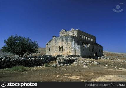 the ruins of the Basilica Mushabbak near the city of Aleppo in Syria in the middle east. MIDDLE EAST SYRIA ALEPPO BASILICA MUSHABBAK