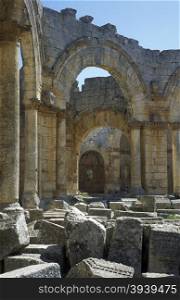 the ruins of the Basilica of Deir Samaan or St Simeon naer the city of Aleppo in Syria in the middle east. MIDDLE EAST SYRIA ALEPPO DEIR SAMAAN ST SIMEON