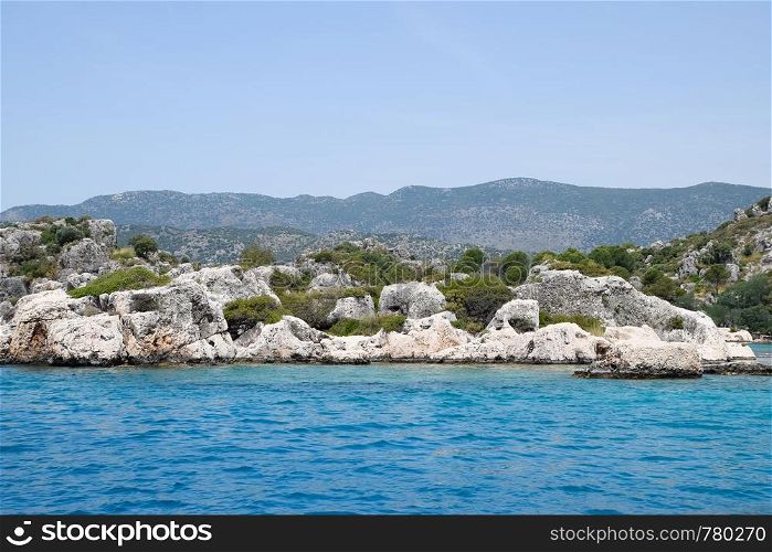 The ruins of the city of Mira, Kekova, an ancient megalithic city destroyed by an earthquake.. The ruins of the city of Mira, Kekova