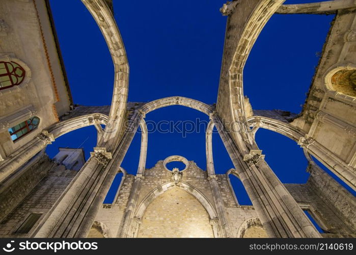 the ruins of the Convento and Igreja do Carmo in Chiado in the City of Lisbon in Portugal. Portugal, Lisbon, October, 2021