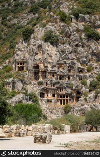 The ruins of the&hitheater and ancient rock tombs in the ancient city of Myra in Demre, Turkey