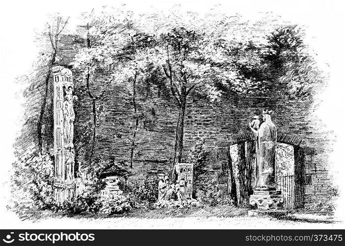 The ruins of the palace of the Thermes de Cluny in the garden, vintage engraved illustration. Paris - Auguste VITU ? 1890.