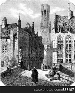 The Saint John Bridge and the Belfry Tower, in Bruges, vintage engraved illustration. Magasin Pittoresque 1855.
