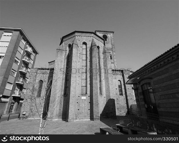 The San Domenico church in Alba, Italy in black and white. San Domenico church in Alba in black and white