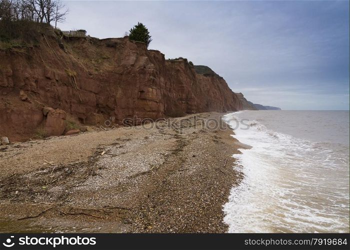 The sandstone cliffs and beach at Sidmouth, Devon, England, United Kingdom.