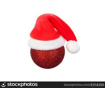 The Santa hat on a red Christmas ball isolated on a white background
