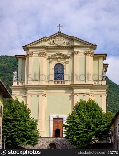 The Santa Maria church facade in Pisogne town,The city is located on Lake Iseo near Brescia,Italy.