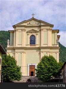 The Santa Maria church facade in Pisogne town,The city is located on Lake Iseo near Brescia,Italy.