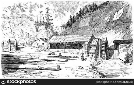 The sawmill, vintage engraved illustration. From Chemin des Ecoliers, 1861. 