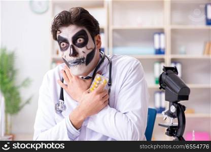 The scary monster doctor working in lab. Scary monster doctor working in lab