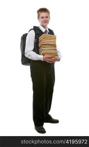 The schoolboy in a school uniform with a huge pack of books