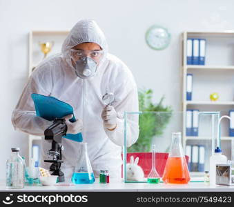 The scientist doing animal experiment in lab with rabbit. Scientist doing animal experiment in lab with rabbit