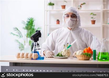 The scientist working in lab on gmo fruits and vegetables. Scientist working in lab on GMO fruits and vegetables