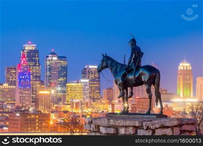 The Scout overlooking downtown Kansas City. The Scout is a famous statue(108 years old statue). It was conceived by Dallin in 1910