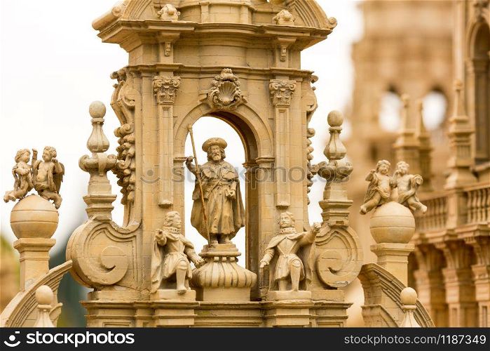 The sculptures decorating the ancient building, miniature scene outdoor, europe. Mini figures with high detaling of objects, realistically diorama, toy model