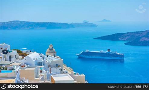 The Sea and Fira town on the coast of Santorini island in Greece. Greek landscape