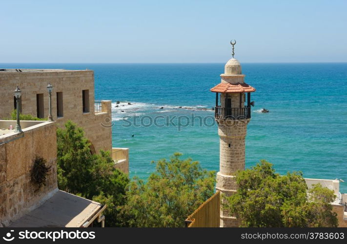 The sea, the houses and trees of Old Jaffa