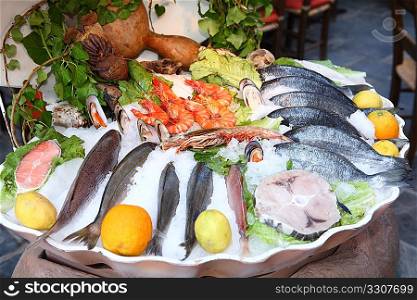 The seafood display outside a Greek taverna in Crete, Greece.