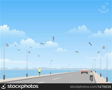 The seaside road has the sea and the sky as the background.people holiday