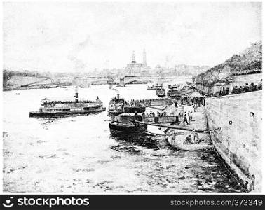 The Seine and the Trocadero Palace seen from the bridge of harmony, vintage engraved illustration. Paris - Auguste VITU ? 1890.