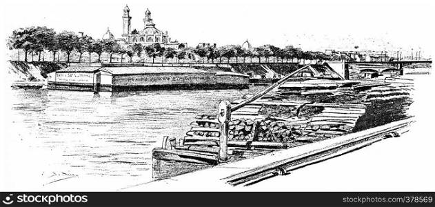 The Seine at Grenelle and the Isle of Swans, vintage engraved illustration. Paris - Auguste VITU ? 1890.