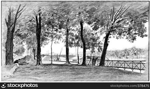 The Seine to the left bank upstream from the bridge of Solferino, vintage engraved illustration. Paris - Auguste VITU ? 1890.