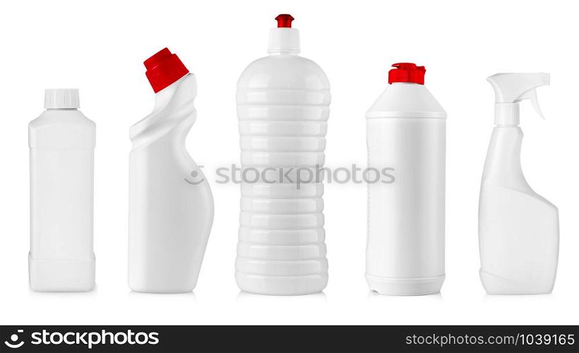 The set of white kitchen cleaning bottles isolated. set of white kitchen cleaning bottles isolated