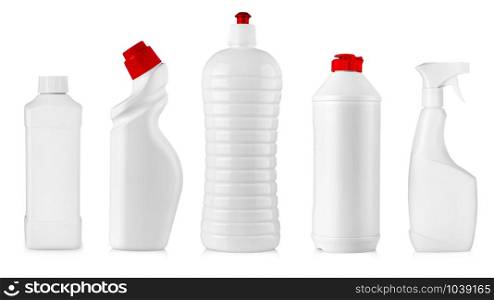 The set of white kitchen cleaning bottles isolated. set of white kitchen cleaning bottles isolated