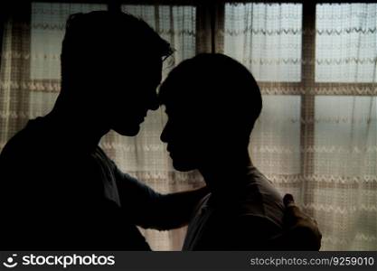 The shadow reflection of an LGBT couple in their private bedroom with a loving vibe between them.
