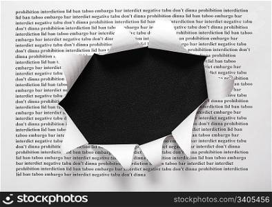 the sheet of paper with printing words and the cut hole against the black background