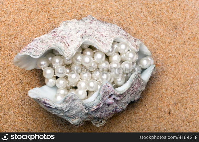 The shell with a pearl beads lies on sand