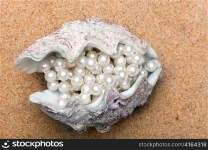 The shell with a pearl beads lies on sand