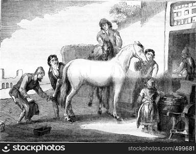 The shoeing Marshal, vintage engraved illustration. Magasin Pittoresque 1841.