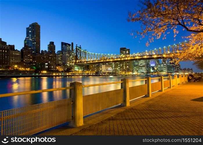 The shore of Roosevelt Island and Queensboro Bridge, Manhattan, New York City, USA