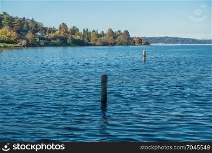 The shoreline of Lake Washington near Seattle. Interstate ninety bridge can be seen in the distance.